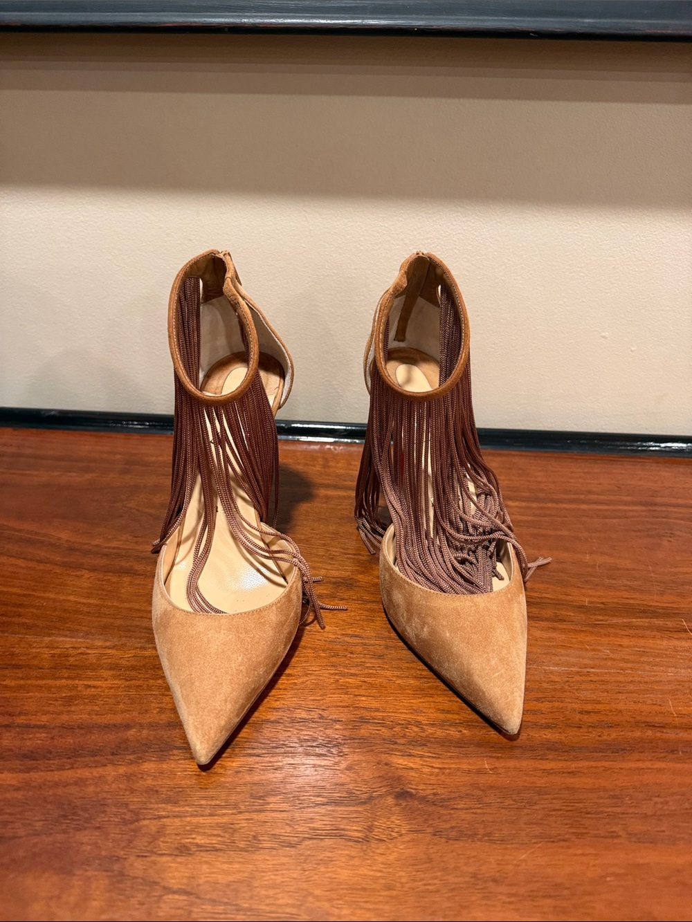 Christian Louboutin Camel Suede Fringe Pointed-Toe Heels - Size 37.5